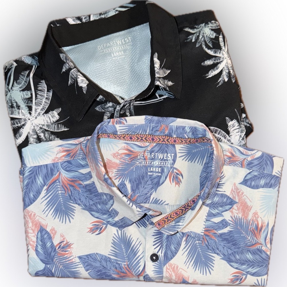 Set of two Men's Depart West Tropical Print button up Performance shirts, Large